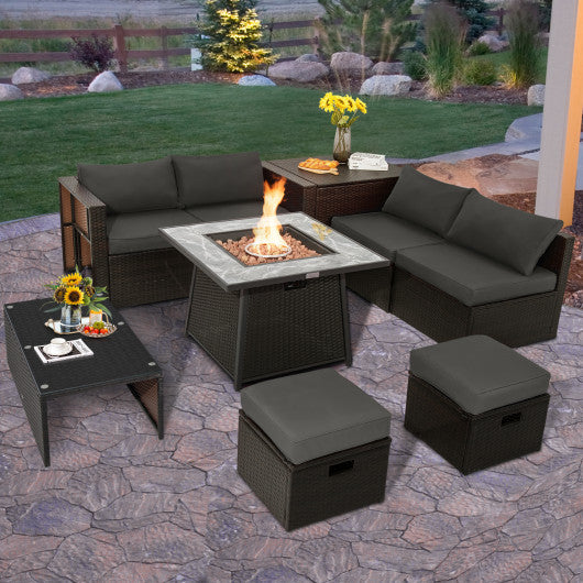 9 Pieces Patio PE Wicker Sectional Set with 50000 BTU Fire Pit Table-Gray