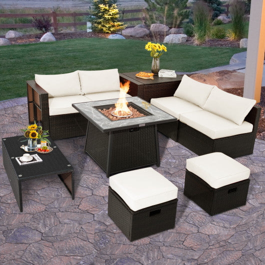9 Pieces Patio PE Wicker Sectional Set with 50000 BTU Fire Pit Table-Off White