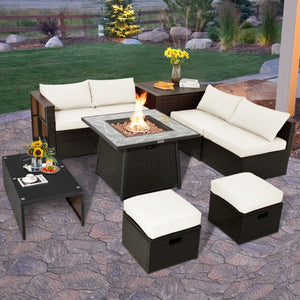 9 Pieces Patio PE Wicker Sectional Set with 50000 BTU Fire Pit Table-Off White