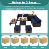 9 Pieces Patio PE Wicker Sectional Set with 50000 BTU Fire Pit Table-Navy