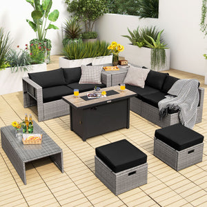 9 Pieces Patio Furniture Set with 42 Inches 60000 BTU Fire Pit-Black
