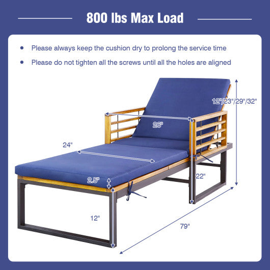 Adjustable Cushioned Patio Chaise Lounge Chair with 4-Level Backrest-Navy