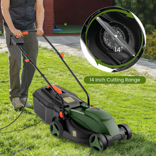 12-AMP 13.5 Inch Adjustable Electric Corded Lawn Mower with Collection Box-Green