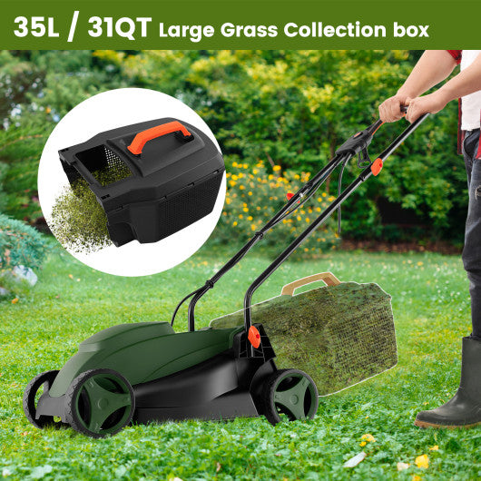12-AMP 13.5 Inch Adjustable Electric Corded Lawn Mower with Collection Box-Green