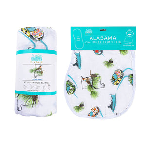 Gift Set: Alabama Baby Muslin Swaddle Blanket and Burp Cloth/Bib Combo by Little Hometown