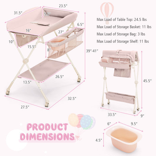 Baby Diaper Changing Table with Water Basin Wheel-Pink