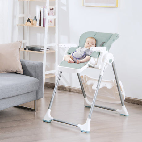 Foldable Baby High Chair with Double Removable Trays and Book Holder-Green