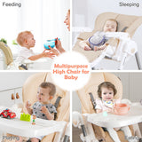 Foldable Baby High Chair with Double Removable Trays and Book Holder-Beige