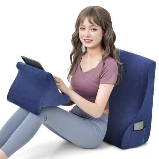 Bed Wedge Pillow with Tablet Pillow Stand and Side Pockets-Navy