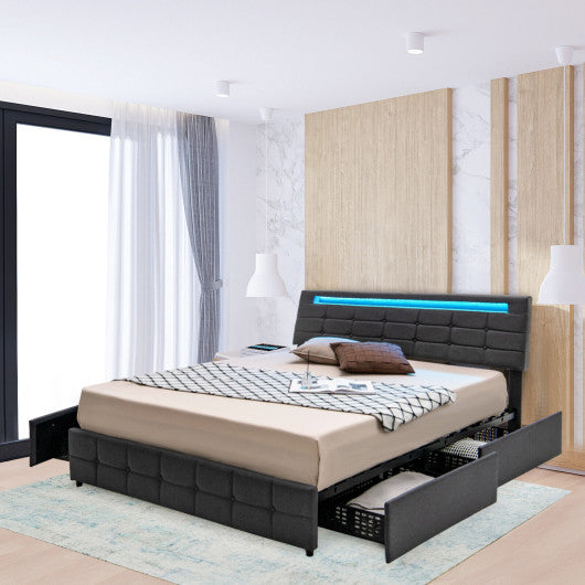 Upholstered Queen LED Bed Frame with Headboard and 4 Drawers-Queen Size