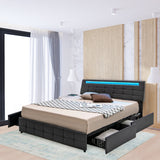 Upholstered Queen LED Bed Frame with Headboard and 4 Drawers