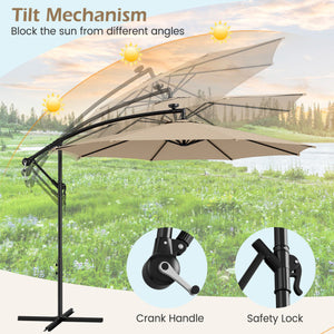 10 Feet Patio Offset Umbrella with 112 Solar-Powered LED Lights-Beige