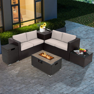 6 Pieces Outdoor Wicker Furniture Set with 32 Inch Propane Fire Pit Table-Beige