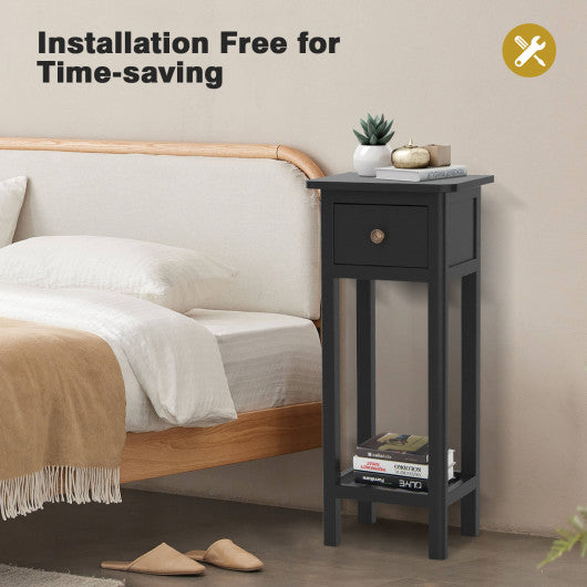 2 Tier Slim Nightstand Bedside Table with Drawer Shelf-Black