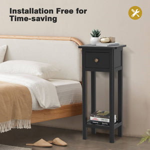 2 Tier Slim Nightstand Bedside Table with Drawer Shelf-Black