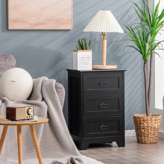 3 Drawers End Storage Wood Side Nightstand-Black