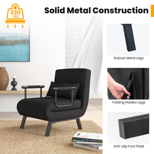 Folding 6 Position Convertible Sleeper Bed Armchair Lounge Couch with Pillow-Black