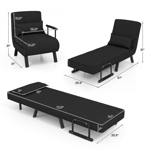Folding 6 Position Convertible Sleeper Bed Armchair Lounge Couch with Pillow-Black