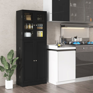 Tall Kitchen Pantry Cabinet with Dual Tempered Glass Doors and Shelves-Black