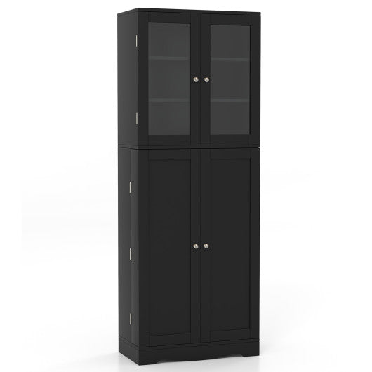 Tall Kitchen Pantry Cabinet with Dual Tempered Glass Doors and Shelves-Black
