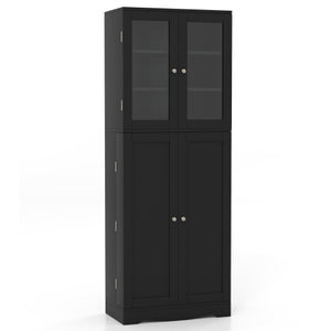 Tall Kitchen Pantry Cabinet with Dual Tempered Glass Doors and Shelves-Black