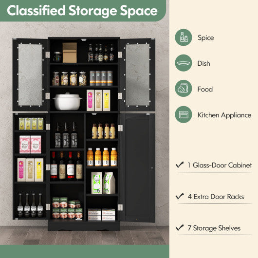 Tall Kitchen Pantry Cabinet with Dual Tempered Glass Doors and Shelves-Black