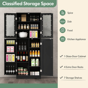 Tall Kitchen Pantry Cabinet with Dual Tempered Glass Doors and Shelves-Black