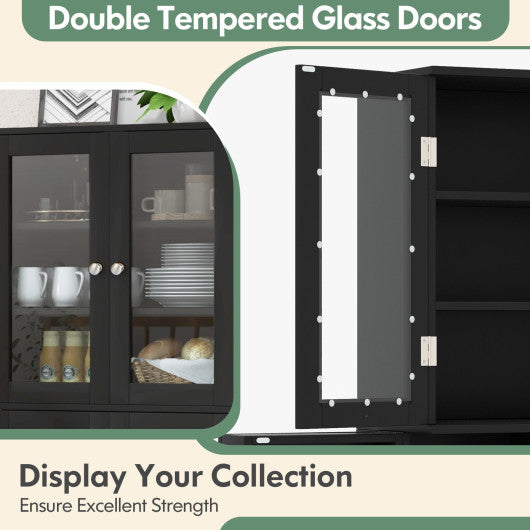 Tall Kitchen Pantry Cabinet with Dual Tempered Glass Doors and Shelves-Black