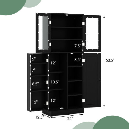 Tall Kitchen Pantry Cabinet with Dual Tempered Glass Doors and Shelves-Black