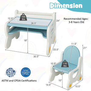 Kids Drawing Table and Chair Set with Watercolor Pens and Blackboard Eraser-Blue