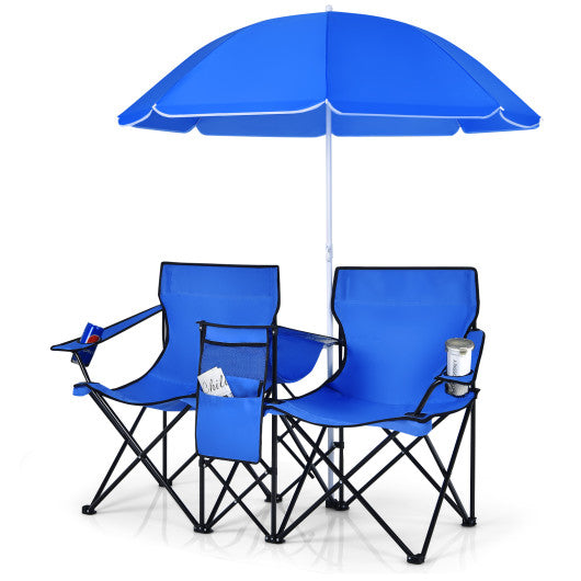 Portable Folding Picnic Double Chair with Umbrella-Blue