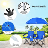 Portable Folding Picnic Double Chair with Umbrella-Blue