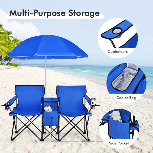 Portable Folding Picnic Double Chair with Umbrella-Blue