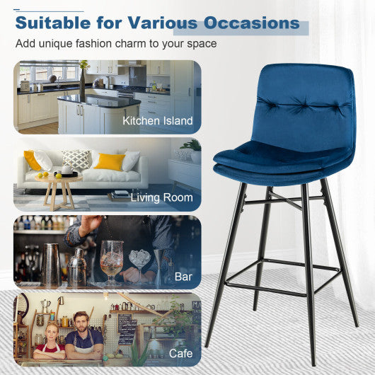 2 Pieces 29 Inch Velvet Bar Stools Set with Tufted Back and Footrests-Blue