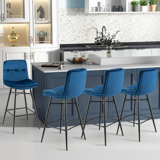 2 Pieces 29 Inch Velvet Bar Stools Set with Tufted Back and Footrests-Blue