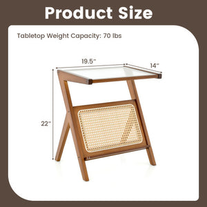 Boho End Table with Magazine Rack and Tempered Glass Top-Walnut
