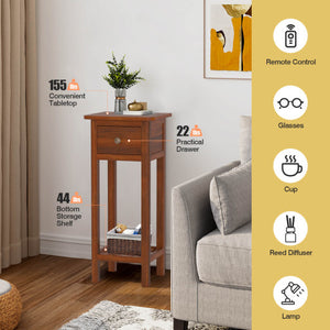 2 Tier Slim Nightstand Bedside Table with Drawer Shelf-Brown