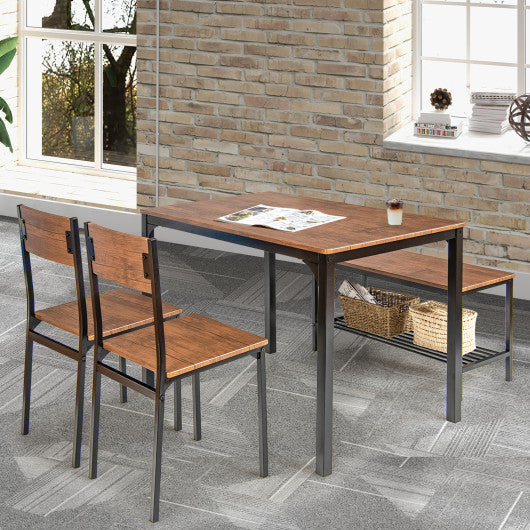 4 Pieces Rustic Dining Table Set with 2 Chairs and Bench-Brown