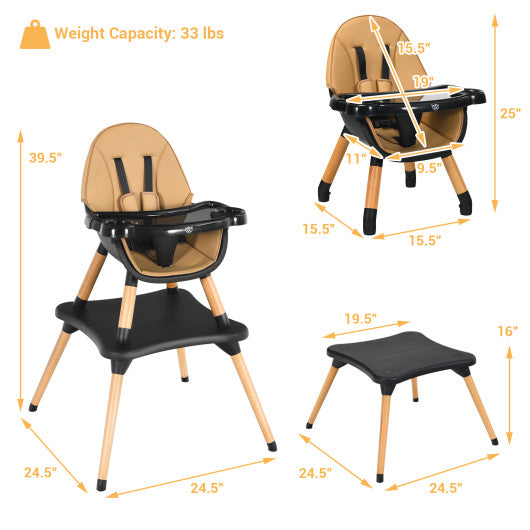 5-in-1 Baby Eat and Grow Convertible Wooden High Chair with Detachable Tray-Coffee