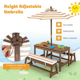 Kids Picnic Table and Bench Set with Cushions and Height Adjustable Umbrella-Brown