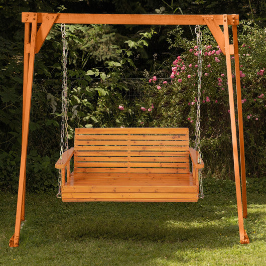 2-Person Wooden Porch Swing with Hanging Chains for Garden Yard-Natural
