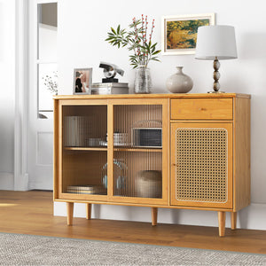 Modern Bamboo Buffet Sideboard Cabinet with Tempered Glass Sliding Doors-Natural