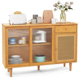 Modern Bamboo Buffet Sideboard Cabinet with Tempered Glass Sliding Doors-Natural