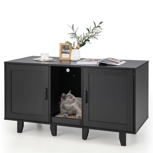 Patented 2-Door Cat Litter Box Enclosure with Winding Entry and Scratching Board-Black