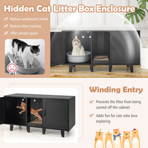 Patented 2-Door Cat Litter Box Enclosure with Winding Entry and Scratching Board-Black