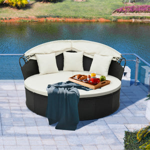 Clamshell Patio Round Daybed Wicker with Retractable Canopy and Pillows-Off White