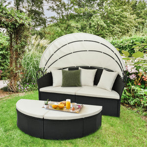Clamshell Patio Round Daybed Wicker with Retractable Canopy and Pillows-Off White