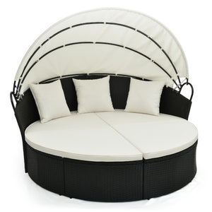 Clamshell Patio Round Daybed Wicker with Retractable Canopy and Pillows-Off White