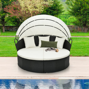 Clamshell Patio Round Daybed Wicker with Retractable Canopy and Pillows-Off White