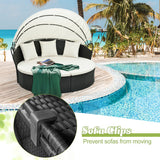 Clamshell Patio Round Daybed Wicker with Retractable Canopy and Pillows-Off White